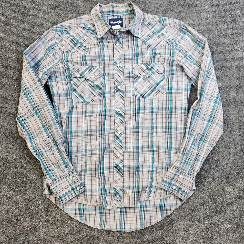 Wrangler Western Shirt Mens Medium Gray Blue Plaid Pearl Snap Long Sleeve Cowboy